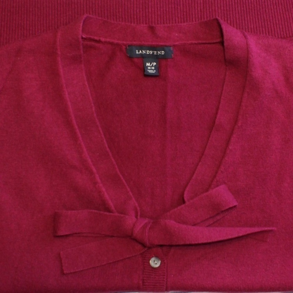 Lands' End Medium P $98 Magenta Cotton Cashmere Bow V-Neck Button Cardigan8
